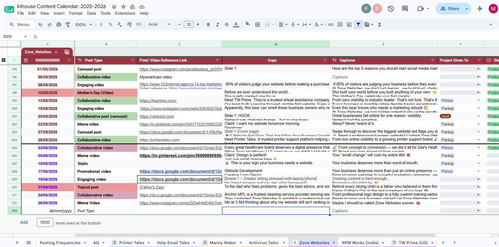 In-house social media content calendar spreadsheet with columns for post type, reference link, copy, captions, and project owner.
