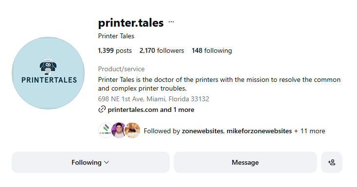 Printer Tales Instagram profile with 2,170 followers.
