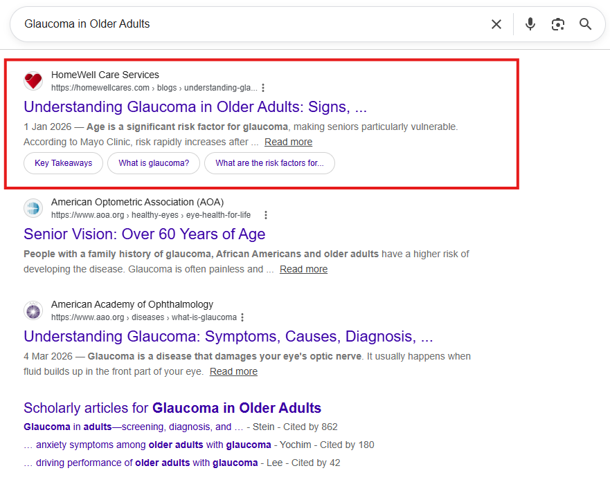 Google search results for 'Glaucoma in Older Adults' showing HomeWell Care Services in the top featured-snippet position.
